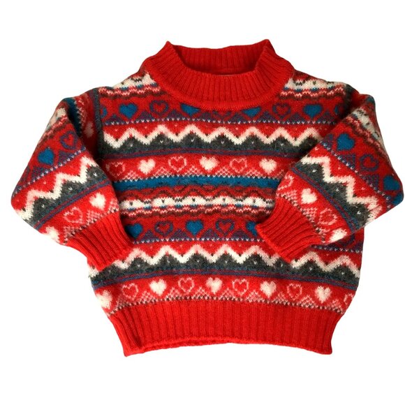 BENETTON 012 Italy Toddler Sweater Red Knit Fair Isle Hearts Wool Blend 2T VBC - Picture 1 of 7